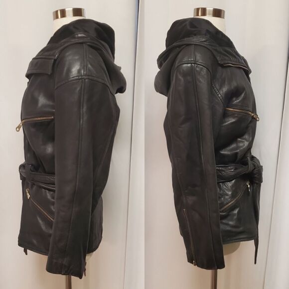 Vintage 90s y2k Andrew Marc Moto Jacket Black Leather Hooded Belted Woman's Sm - Picture 2 of 8